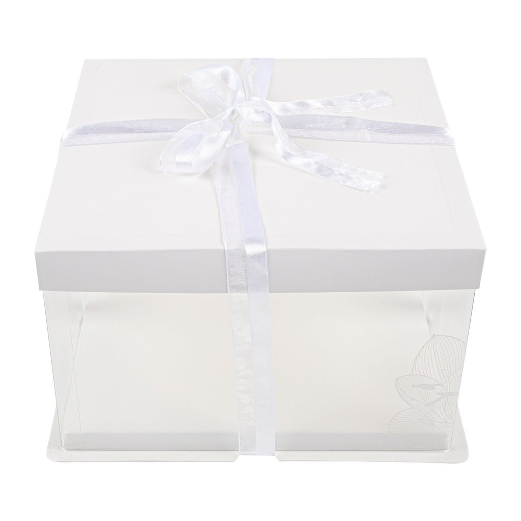 Sweet Vision Square Clear Plastic Cake Box - White Lid and White Base, Gray Ribbon, Lotus Accent - 10" x 10" x 8 1/4" - 10 count box
