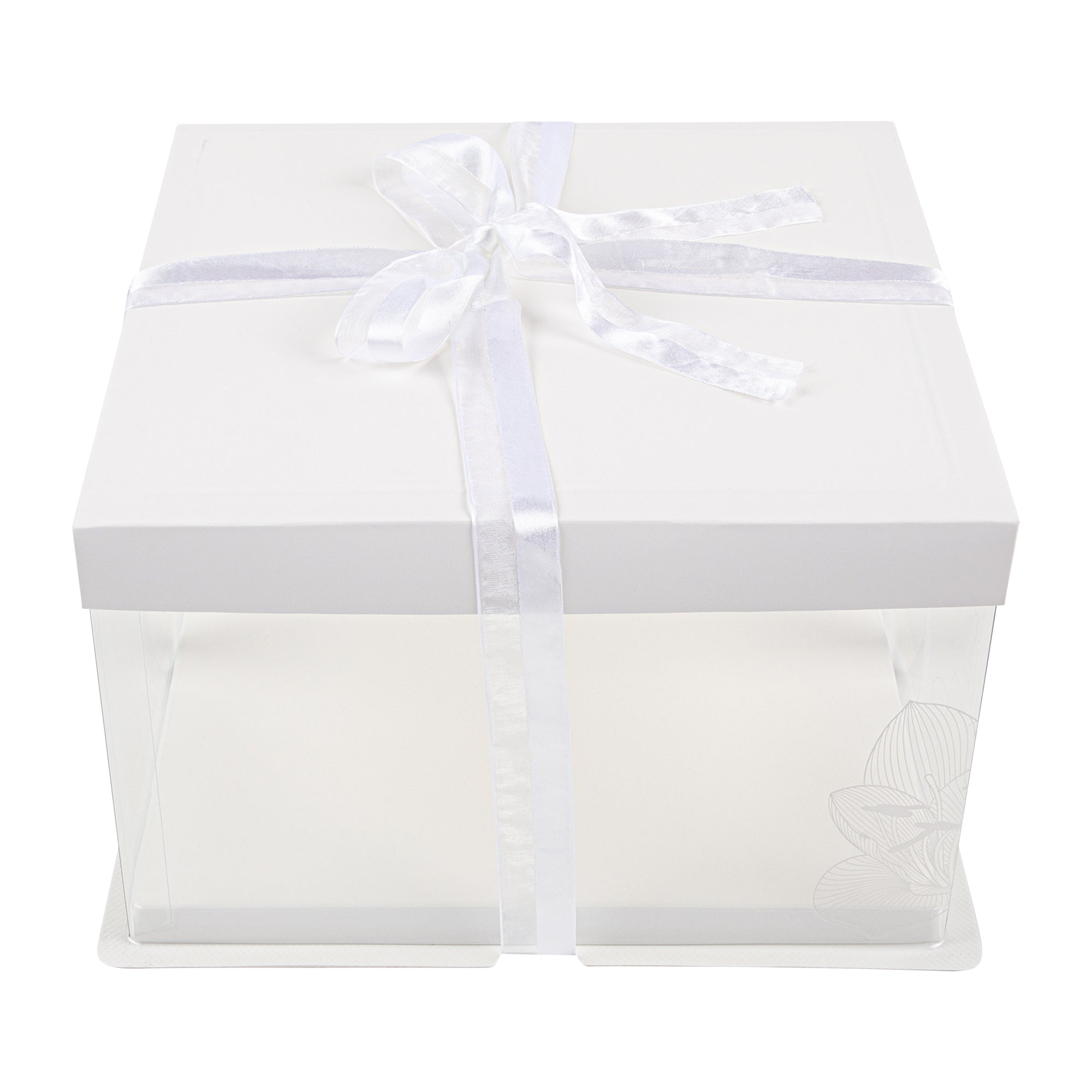 Sweet Vision Square Clear Plastic Cake Box - White Lid and White Base, Gray Ribbon, Lotus Accent - 10" x 10" x 8 1/4" - 10 count box