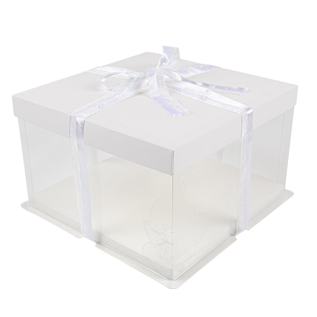 Sweet Vision Square Clear Plastic Cake Box - White Lid and White Base, Gray Ribbon, Lotus Accent - 10" x 10" x 8 1/4" - 10 count box