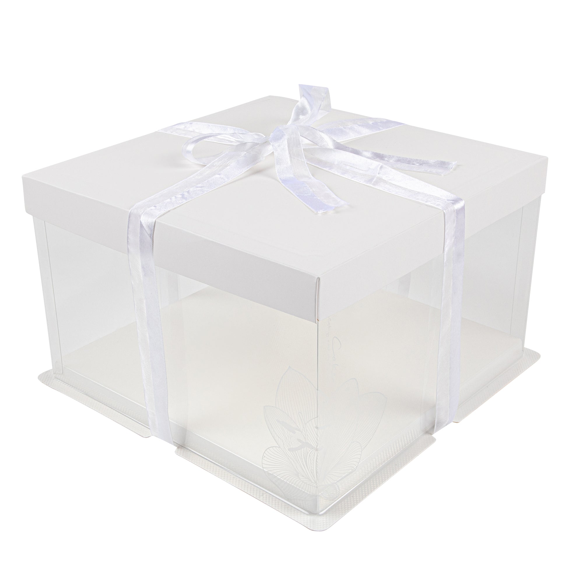 Sweet Vision Square Clear Plastic Cake Box - White Lid and White Base, Gray Ribbon, Lotus Accent - 10" x 10" x 8 1/4" - 10 count box