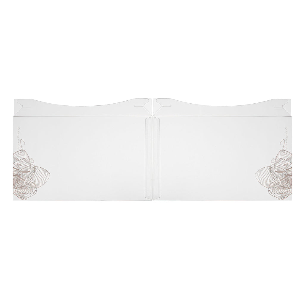 Sweet Vision Square Clear Plastic Cake Box - White Lid and White Base, Gray Ribbon, Lotus Accent - 10" x 10" x 8 1/4" - 10 count box