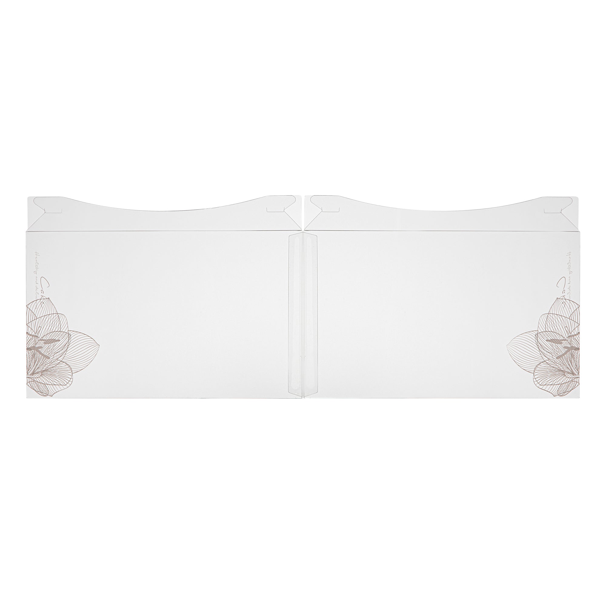Sweet Vision Square Clear Plastic Cake Box - White Lid and White Base, Gray Ribbon, Lotus Accent - 10" x 10" x 8 1/4" - 10 count box