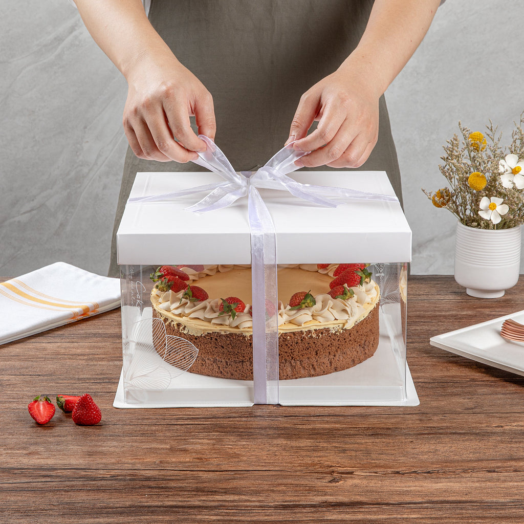 Sweet Vision Square Clear Plastic Cake Box - White Lid and White Base, Gray Ribbon, Lotus Accent - 10" x 10" x 8 1/4" - 10 count box