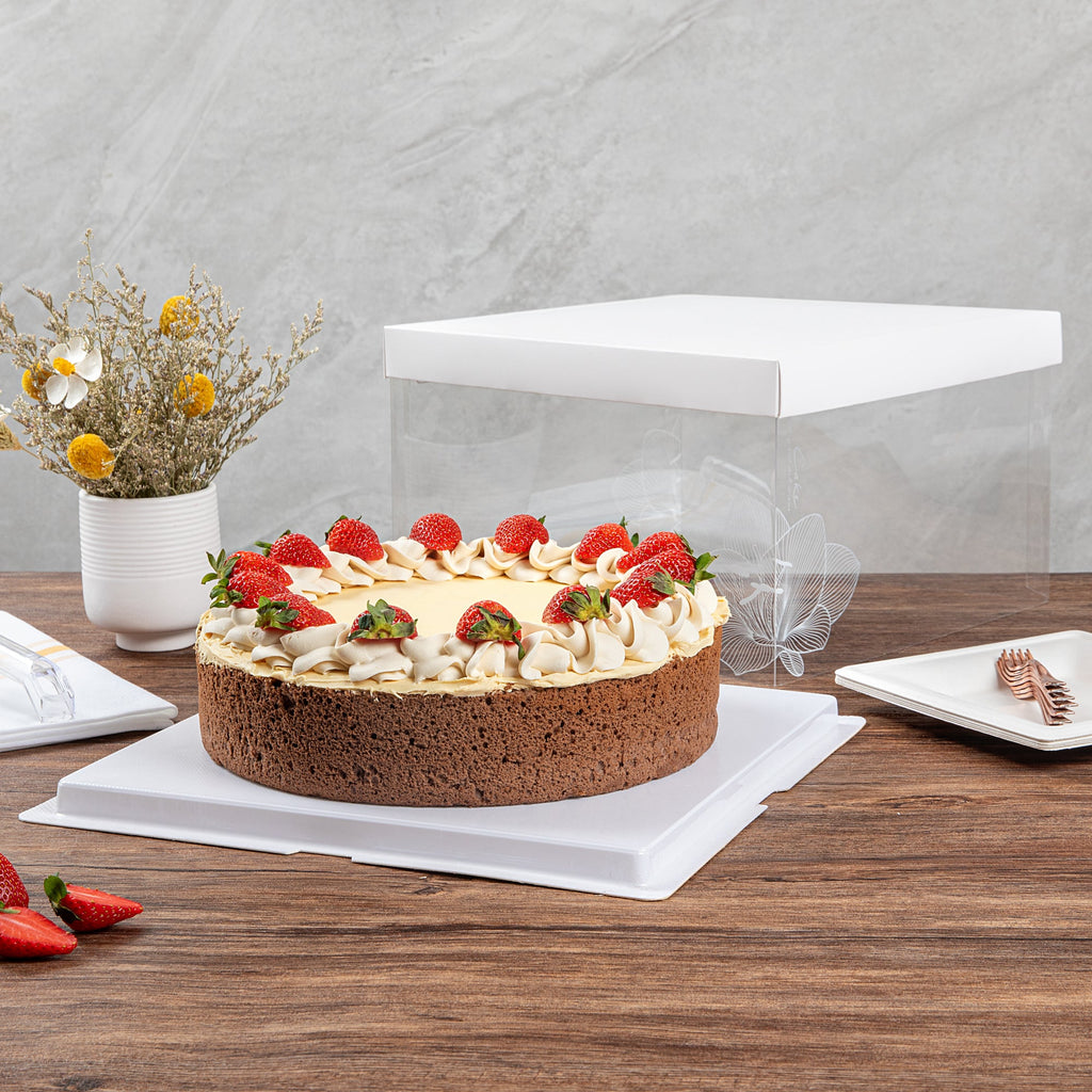 Sweet Vision Square Clear Plastic Cake Box - White Lid and White Base, Gray Ribbon, Lotus Accent - 10" x 10" x 8 1/4" - 10 count box