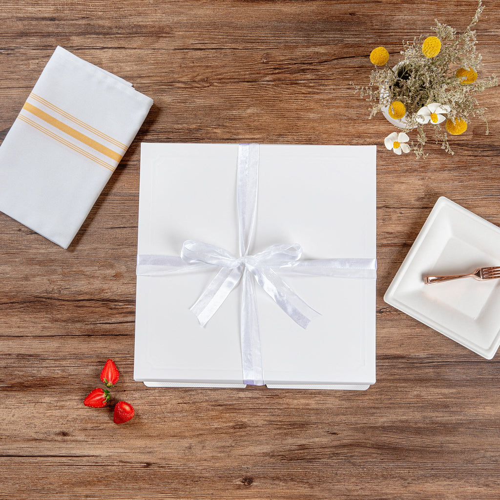 Sweet Vision Square Clear Plastic Cake Box - White Lid and White Base, Gray Ribbon, Lotus Accent - 10" x 10" x 8 1/4" - 10 count box
