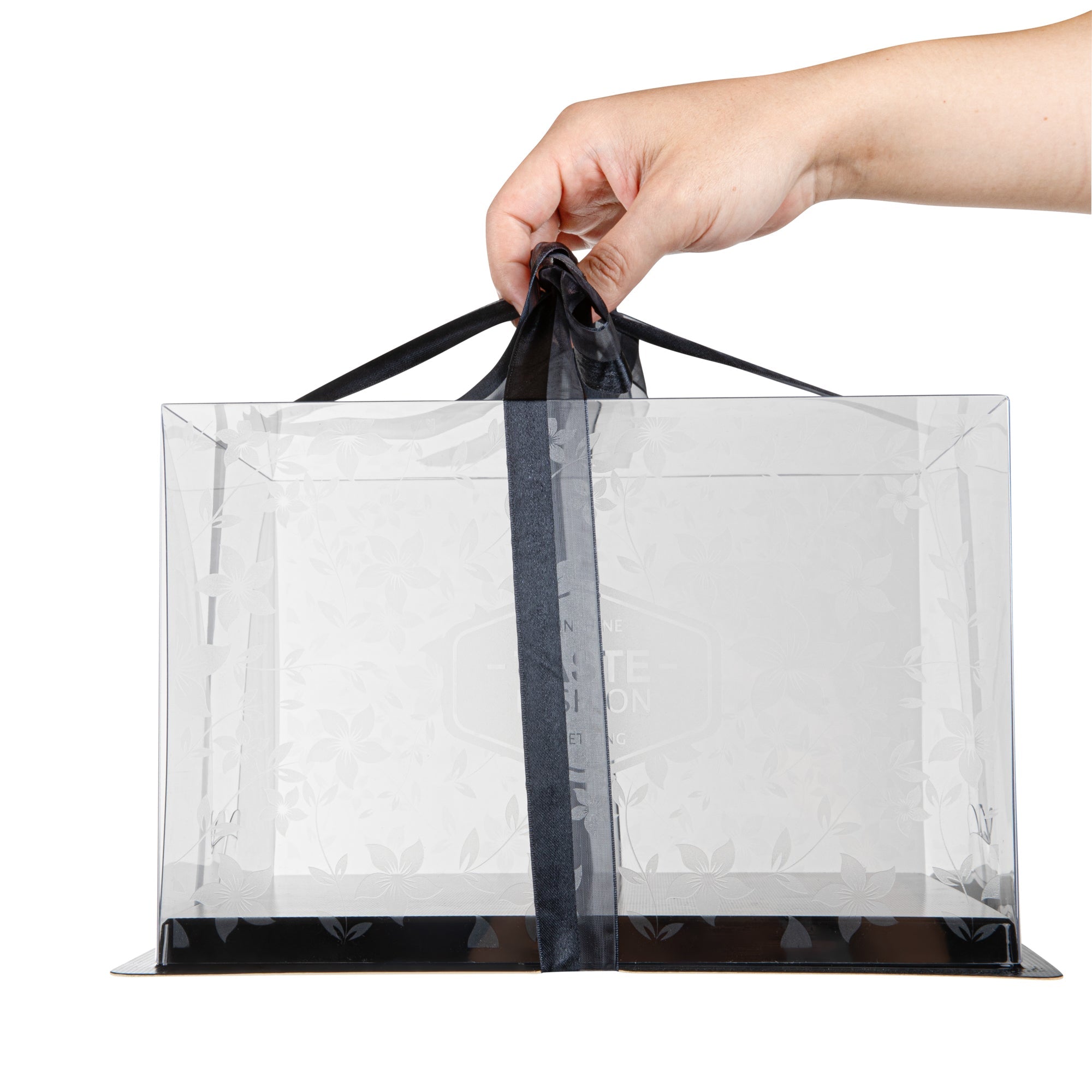 Sweet Vision Square Clear Plastic Cake Box - Black Base, Black Ribbon, Flower Garden Design - 10" x 10" x 6 3/4" - 10 count box