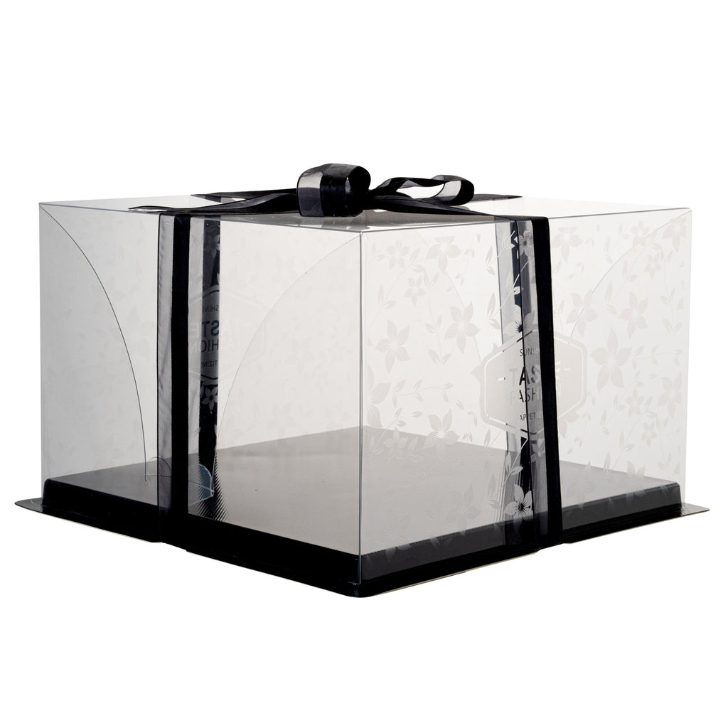 Sweet Vision Square Clear Plastic Cake Box - Black Base, Black Ribbon, Flower Garden Design - 10" x 10" x 6 3/4" - 10 count box