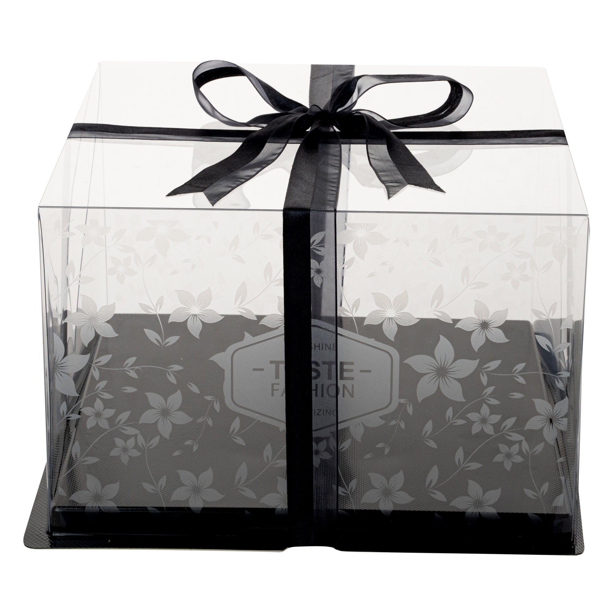 Sweet Vision Square Clear Plastic Cake Box - Black Base, Black Ribbon, Flower Garden Design - 10" x 10" x 6 3/4" - 10 count box