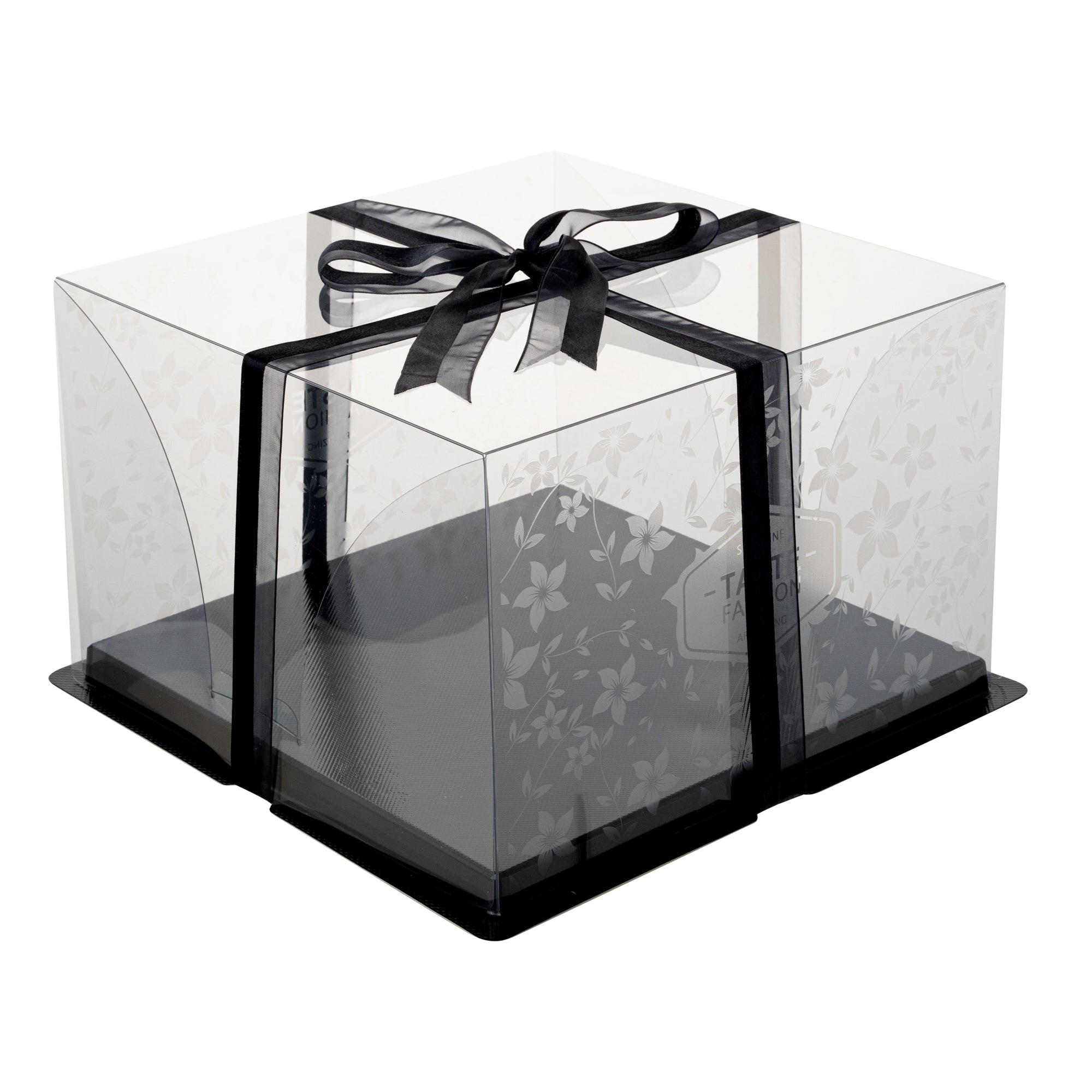 Sweet Vision Square Clear Plastic Cake Box - Black Base, Black Ribbon, Flower Garden Design - 10" x 10" x 6 3/4" - 10 count box