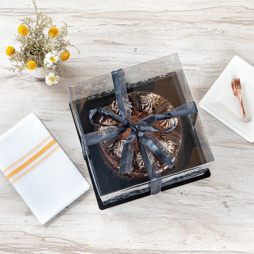 Sweet Vision Square Clear Plastic Cake Box - Black Base, Black Ribbon, Flower Garden Design - 10" x 10" x 6 3/4" - 10 count box