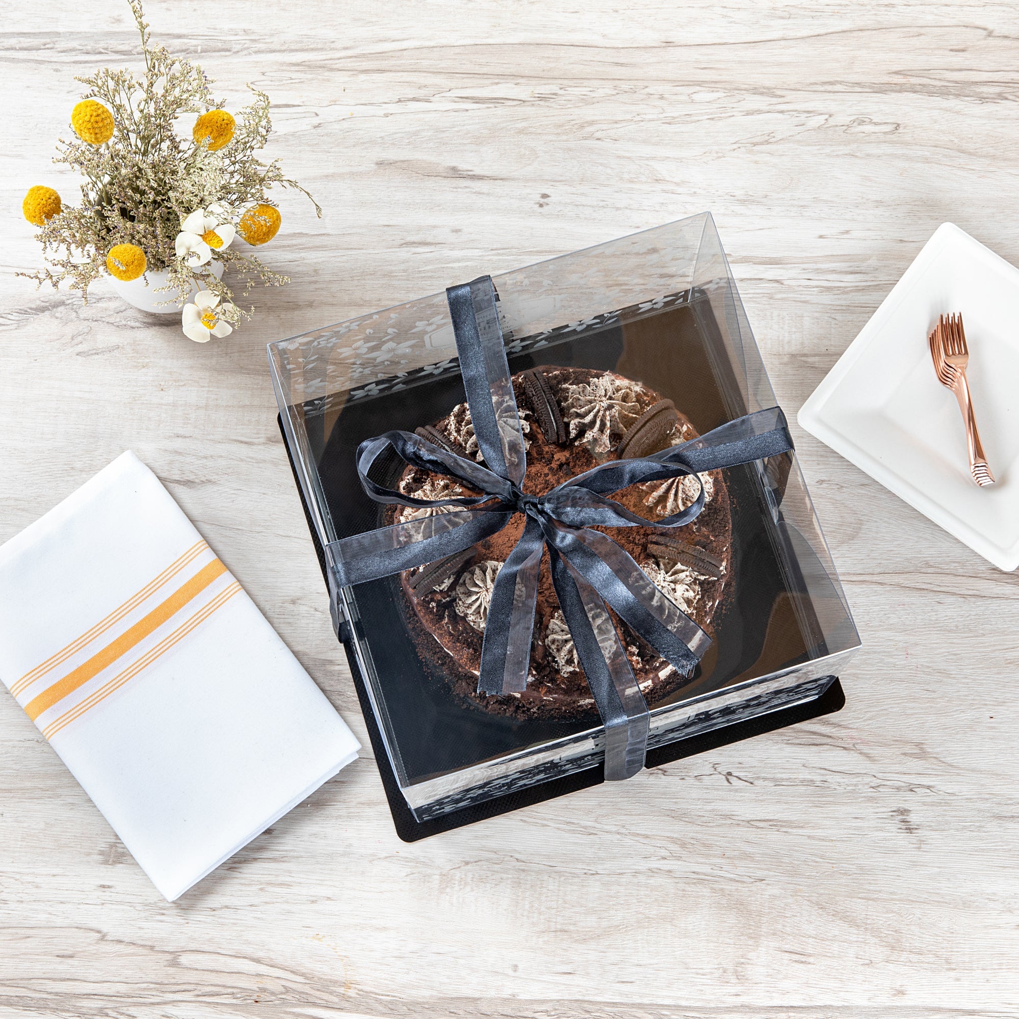 Sweet Vision Square Clear Plastic Cake Box - Black Base, Black Ribbon, Flower Garden Design - 10" x 10" x 6 3/4" - 10 count box