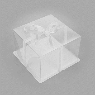 Sweet Vision Square Clear Plastic Cake Box - White Base, Gray Ribbon, Flower Garden Design - 10" x 10" x 6 3/4" - 10 count box