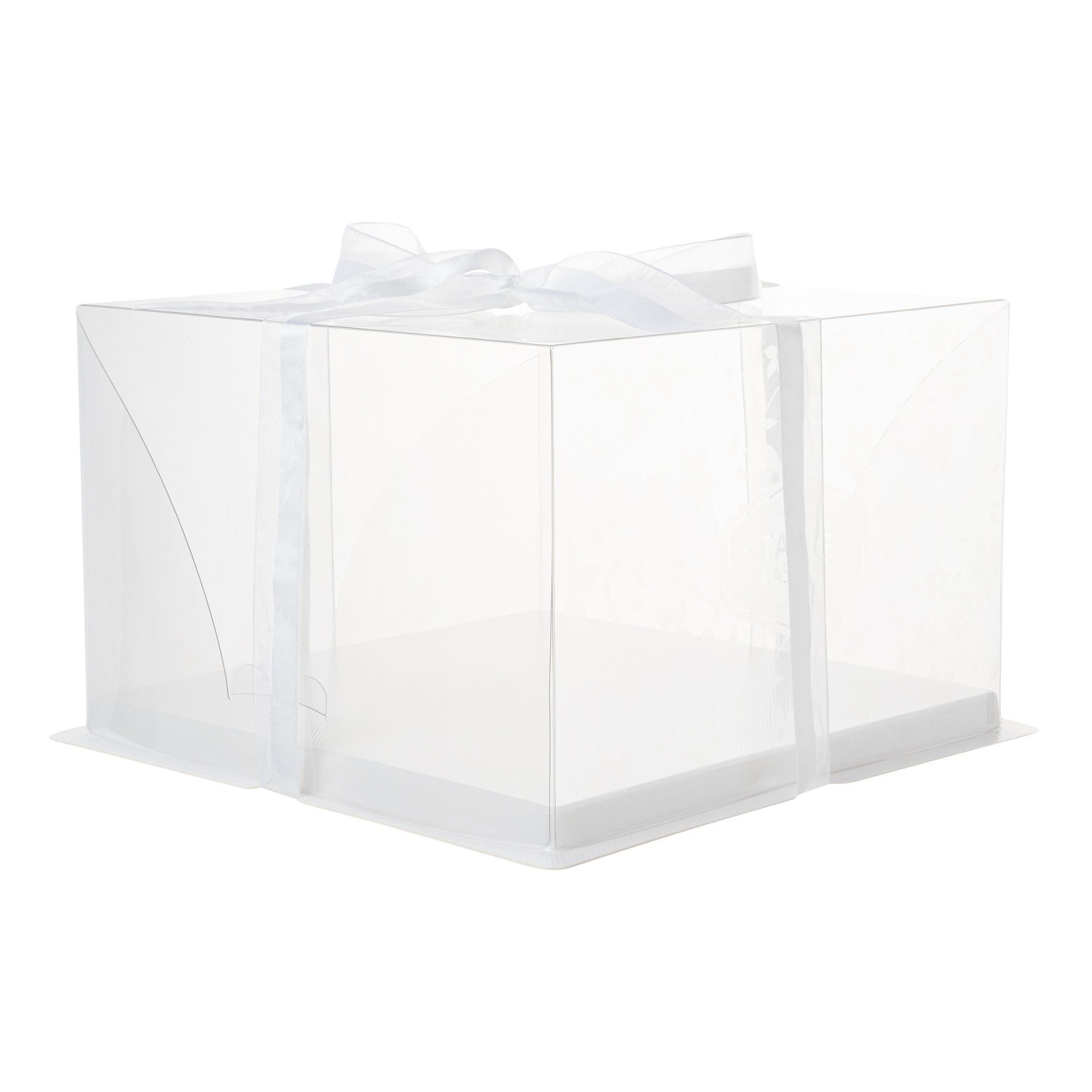 Sweet Vision Square Clear Plastic Cake Box - White Base, Gray Ribbon, Flower Garden Design - 10" x 10" x 6 3/4" - 10 count box