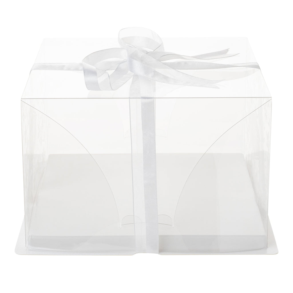Sweet Vision Square Clear Plastic Cake Box - White Base, Gray Ribbon, Flower Garden Design - 10" x 10" x 6 3/4" - 10 count box