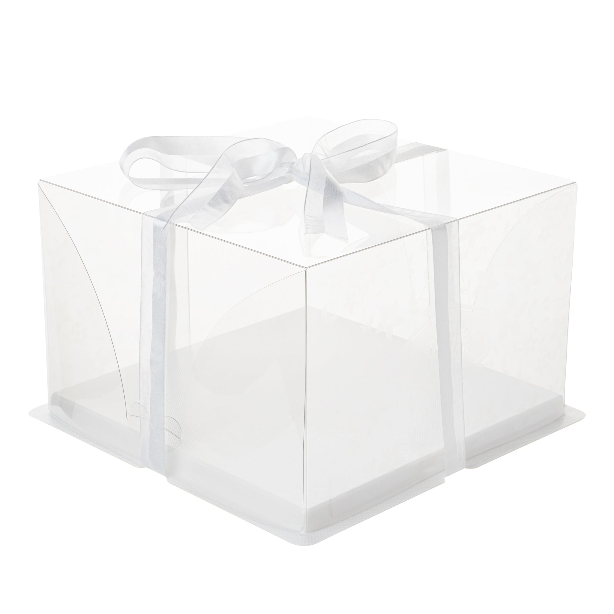 Sweet Vision Square Clear Plastic Cake Box - White Base, Gray Ribbon, Flower Garden Design - 10" x 10" x 6 3/4" - 10 count box
