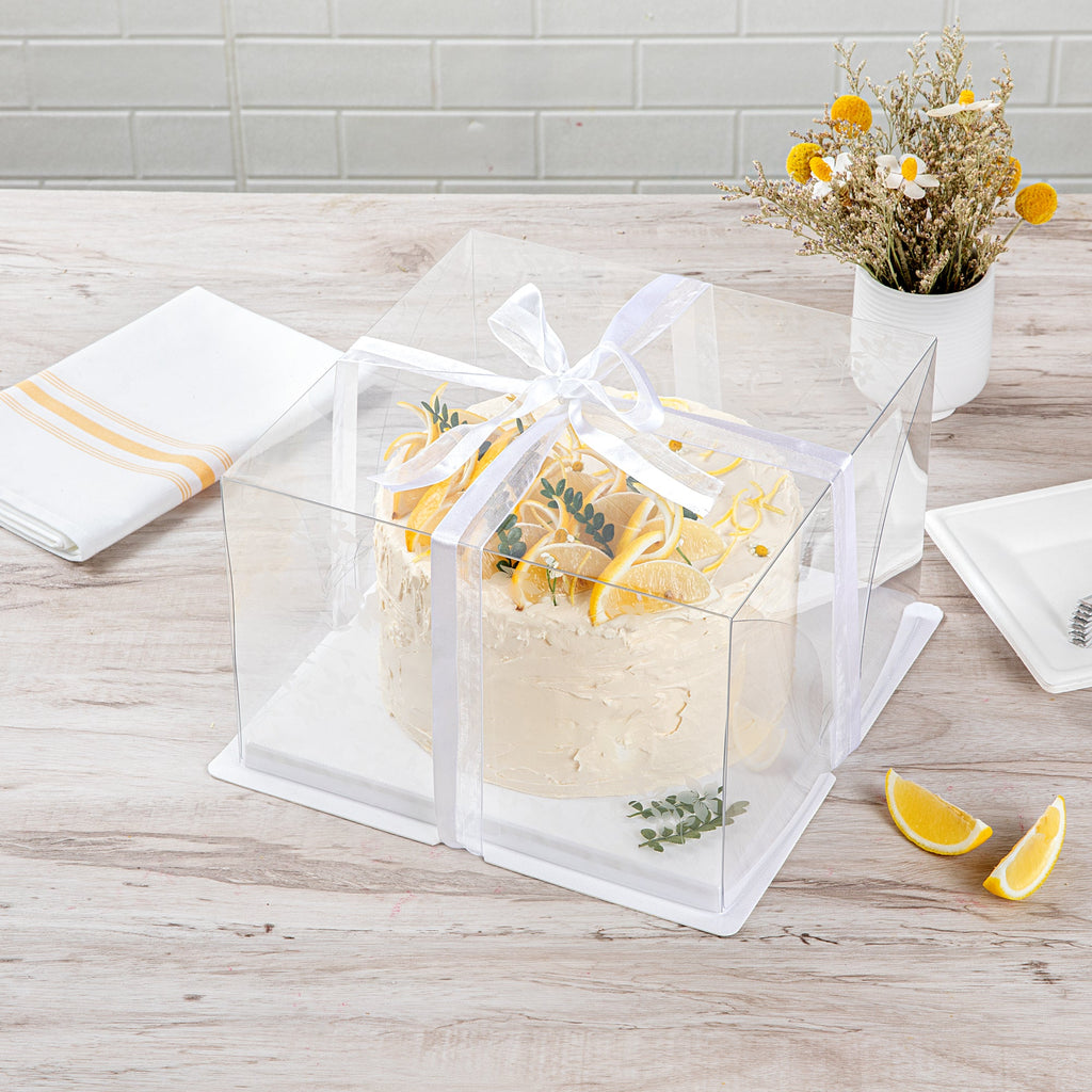 Sweet Vision Square Clear Plastic Cake Box - White Base, Gray Ribbon, Flower Garden Design - 10" x 10" x 6 3/4" - 10 count box