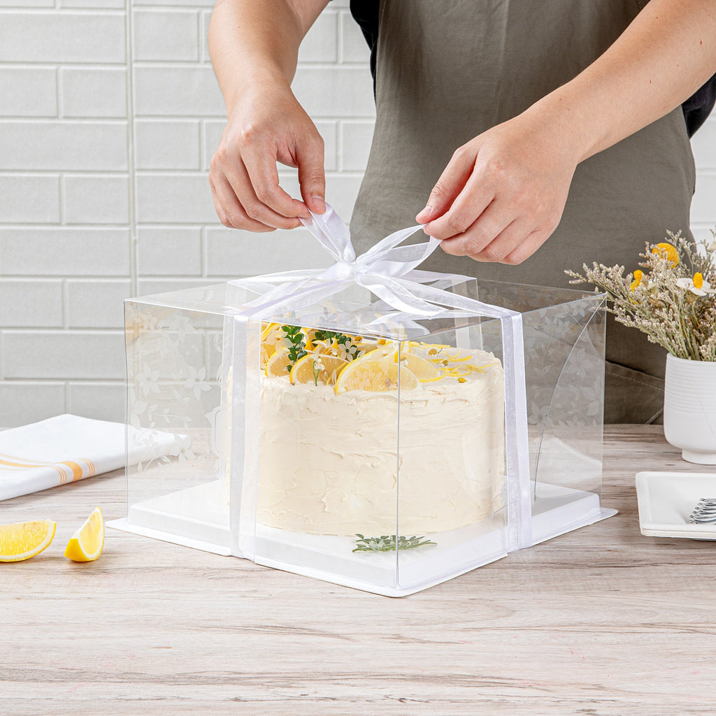 Sweet Vision Square Clear Plastic Cake Box - White Base, Gray Ribbon, Flower Garden Design - 10" x 10" x 6 3/4" - 10 count box