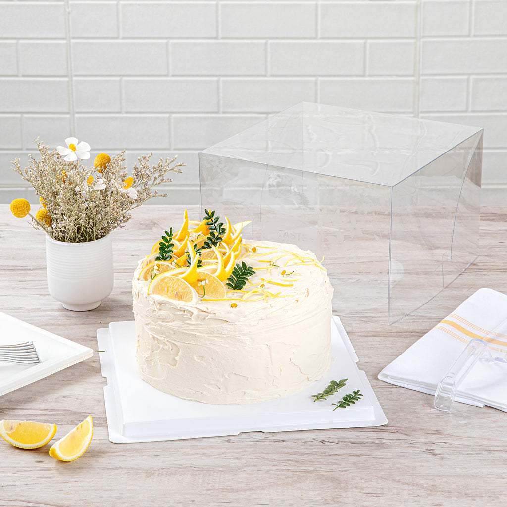 Sweet Vision Square Clear Plastic Cake Box - White Base, Gray Ribbon, Flower Garden Design - 10" x 10" x 6 3/4" - 10 count box