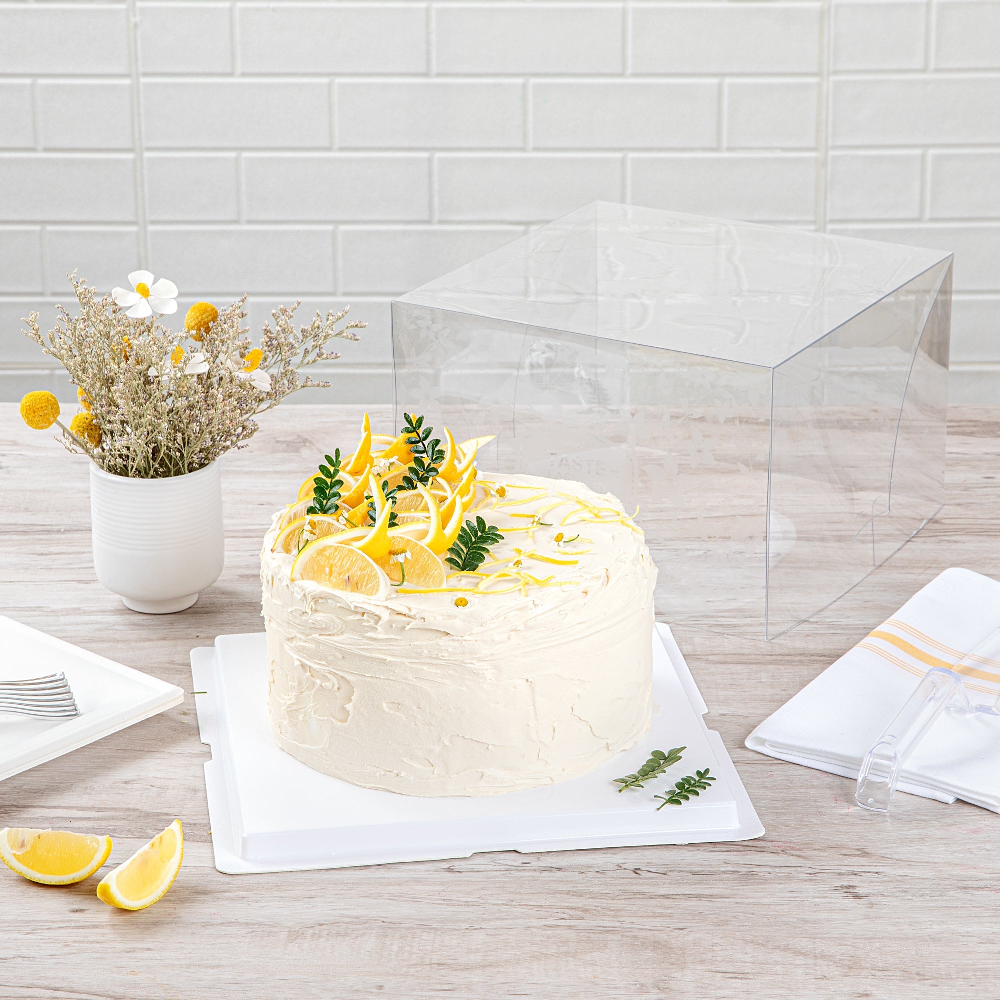 Sweet Vision Square Clear Plastic Cake Box - White Base, Gray Ribbon, Flower Garden Design - 10" x 10" x 6 3/4" - 10 count box