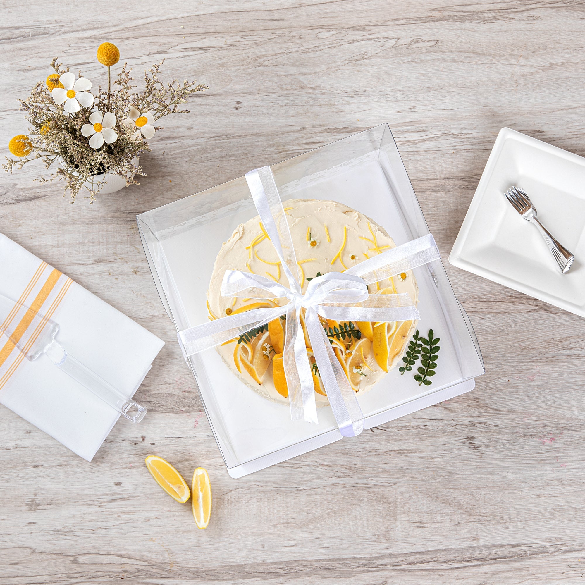 Sweet Vision Square Clear Plastic Cake Box - White Base, Gray Ribbon, Flower Garden Design - 10" x 10" x 6 3/4" - 10 count box