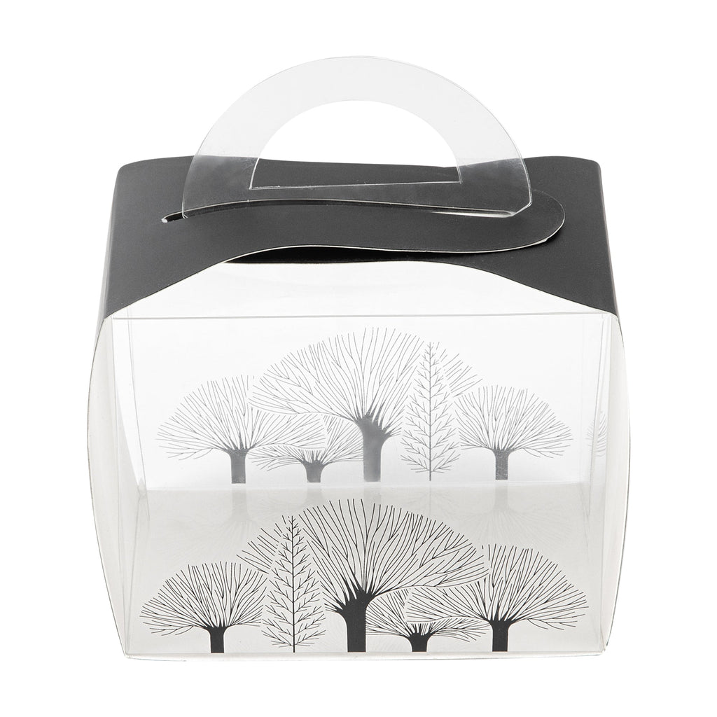 Sweet Vision Rectangle Clear Plastic Cupcake Box - with Handle, Black Paper Wrap, Tree Accent - 5" x 3 1/4" x 4" - 100 count box