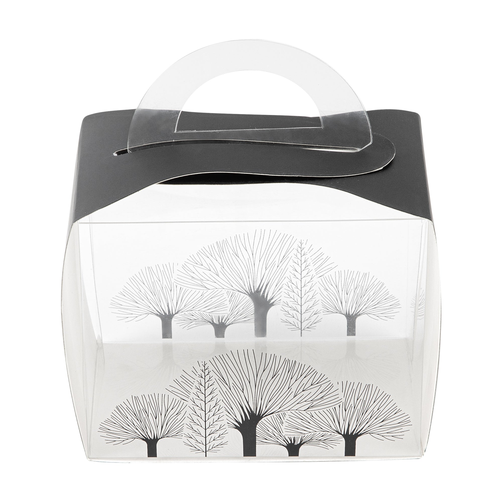 Sweet Vision Rectangle Clear Plastic Cupcake Box - with Handle, Black Paper Wrap, Tree Accent - 5" x 3 1/4" x 4" - 100 count box