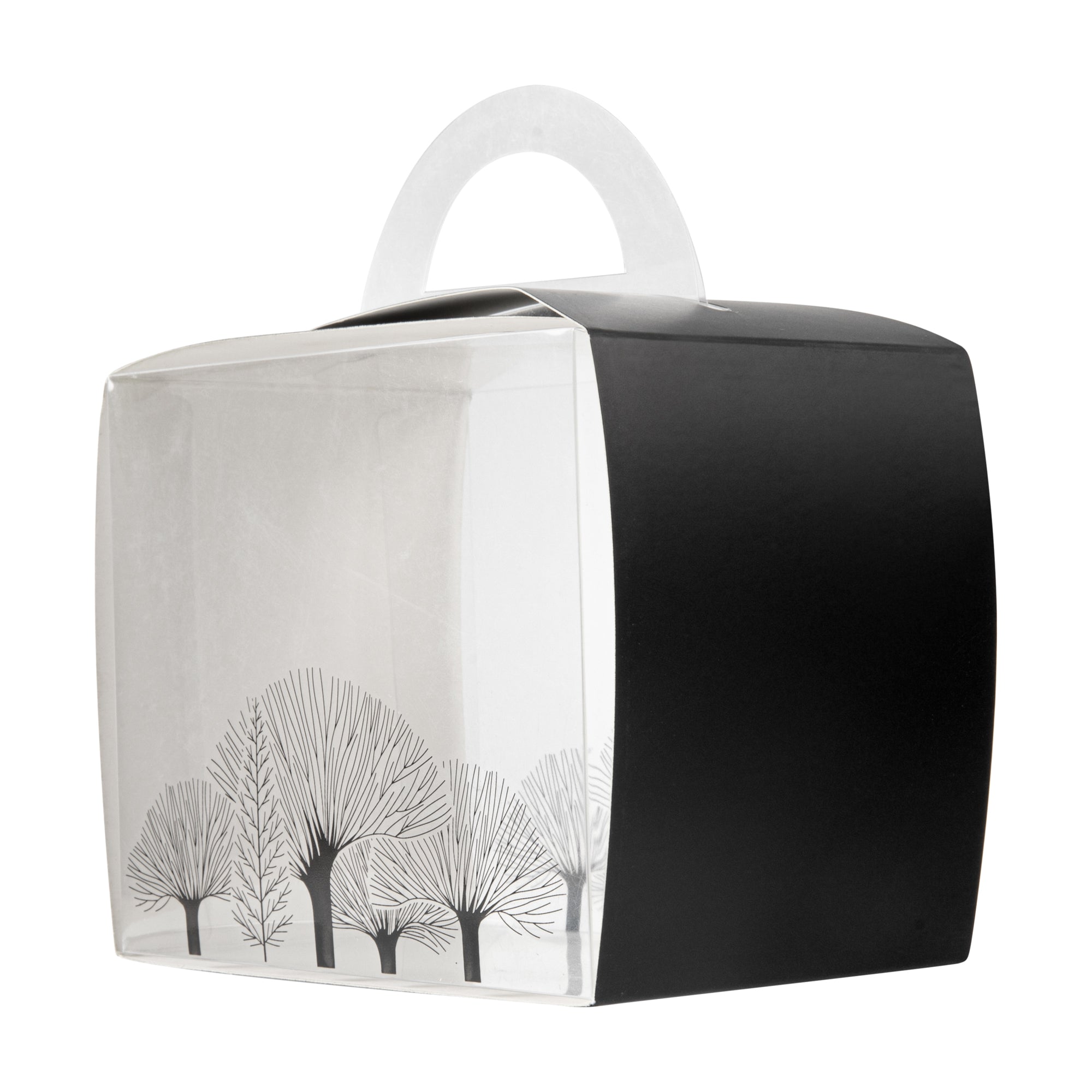 Sweet Vision Rectangle Clear Plastic Cupcake Box - with Handle, Black Paper Wrap, Tree Accent - 5" x 3 1/4" x 4" - 100 count box