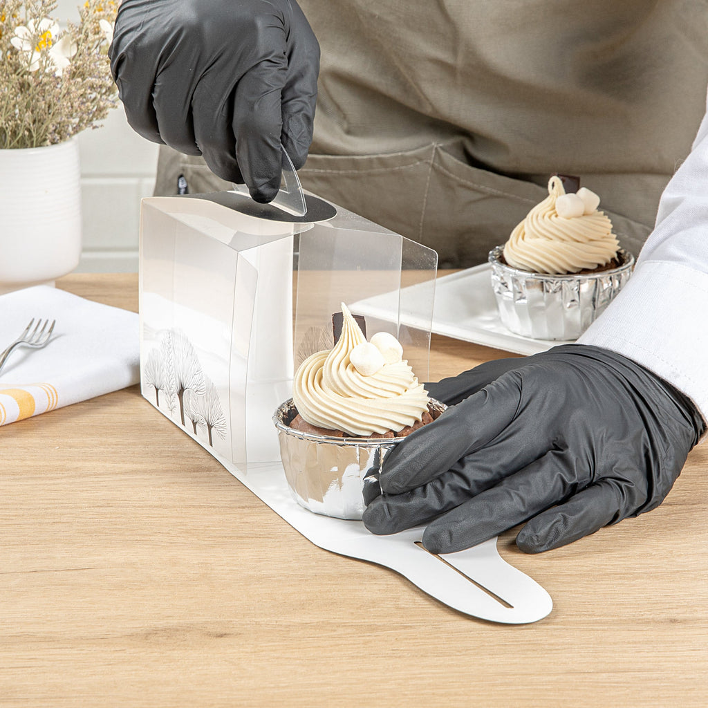 Sweet Vision Rectangle Clear Plastic Cupcake Box - with Handle, Black Paper Wrap, Tree Accent - 5" x 3 1/4" x 4" - 100 count box