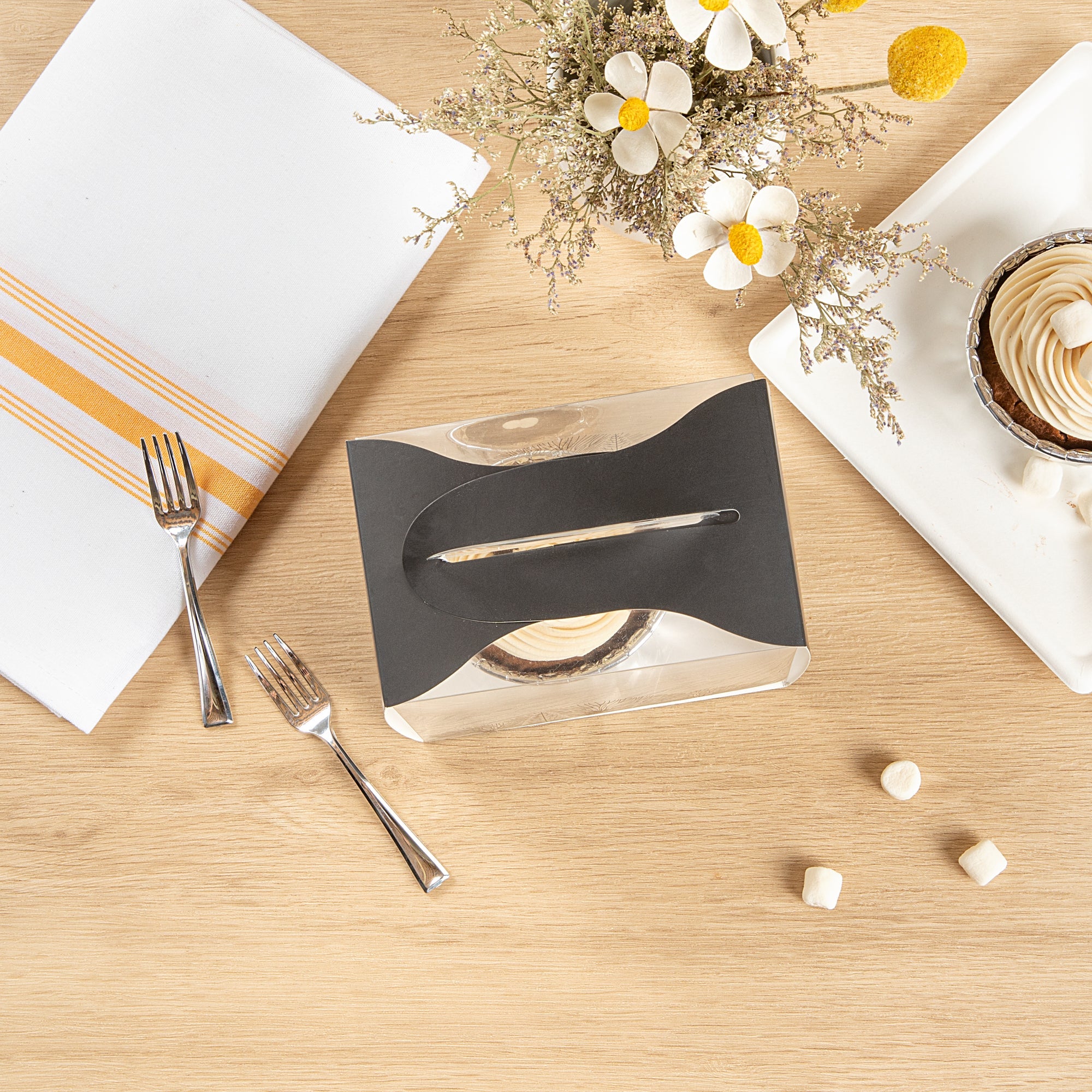 Sweet Vision Rectangle Clear Plastic Cupcake Box - with Handle, Black Paper Wrap, Tree Accent - 5" x 3 1/4" x 4" - 100 count box