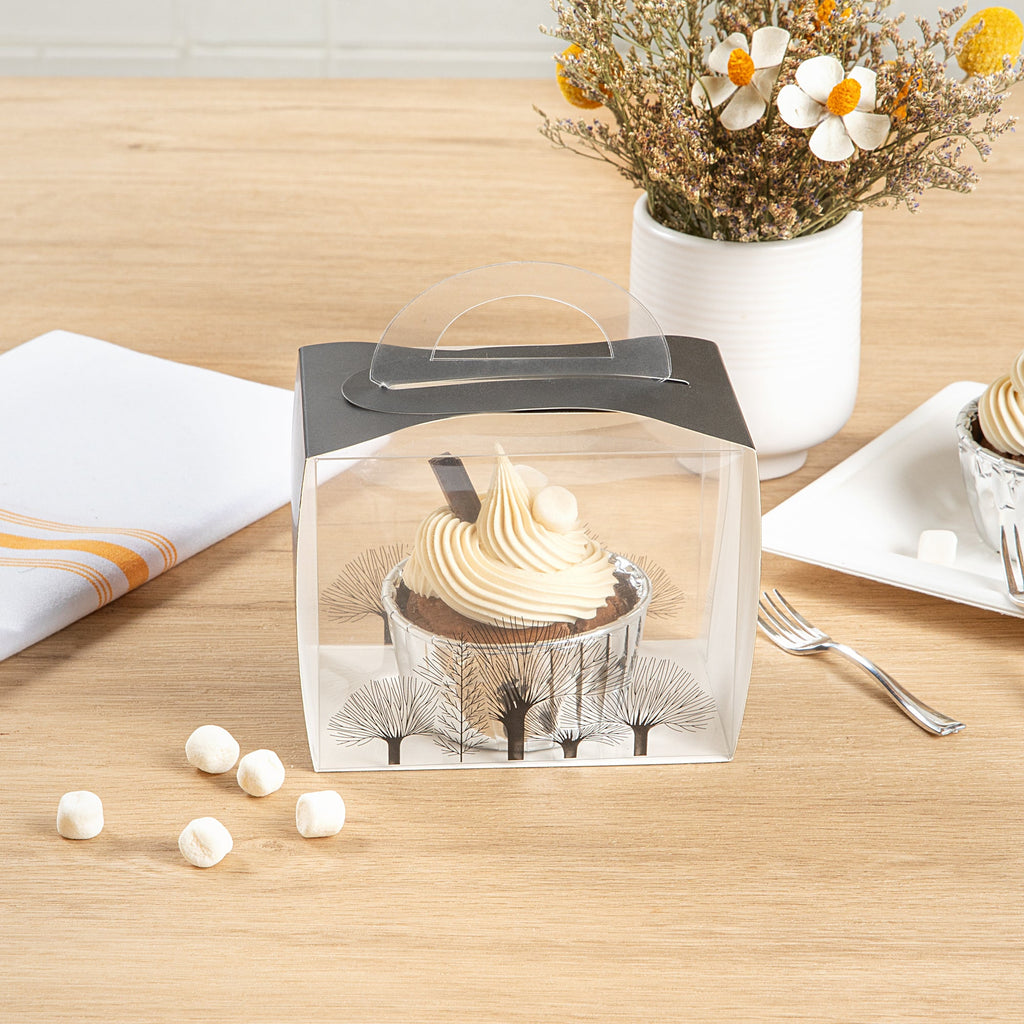 Sweet Vision Rectangle Clear Plastic Cupcake Box - with Handle, Black Paper Wrap, Tree Accent - 5" x 3 1/4" x 4" - 100 count box