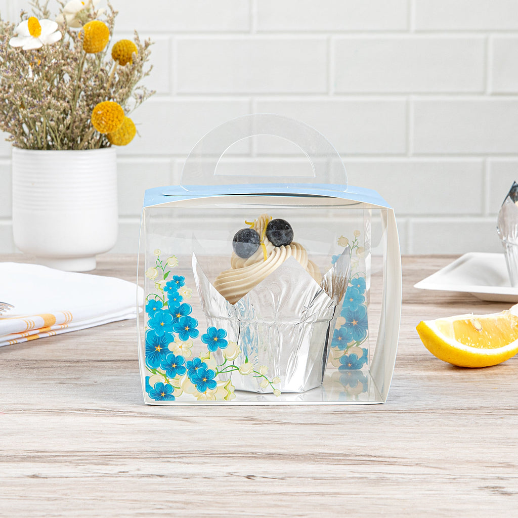 Sweet Vision Rectangle Clear Plastic Cupcake Box - with Handle, Blue Paper Wrap, Flower Accent - 5" x 3 1/4" x 4" - 100 count box