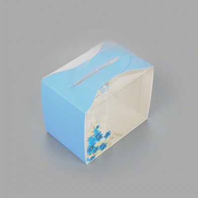 Sweet Vision Rectangle Clear Plastic Cupcake Box - with Handle, Blue Paper Wrap, Flower Accent - 5" x 3 1/4" x 4" - 100 count box