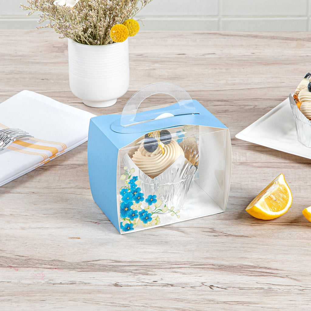 Sweet Vision Rectangle Clear Plastic Cupcake Box - with Handle, Blue Paper Wrap, Flower Accent - 5" x 3 1/4" x 4" - 100 count box