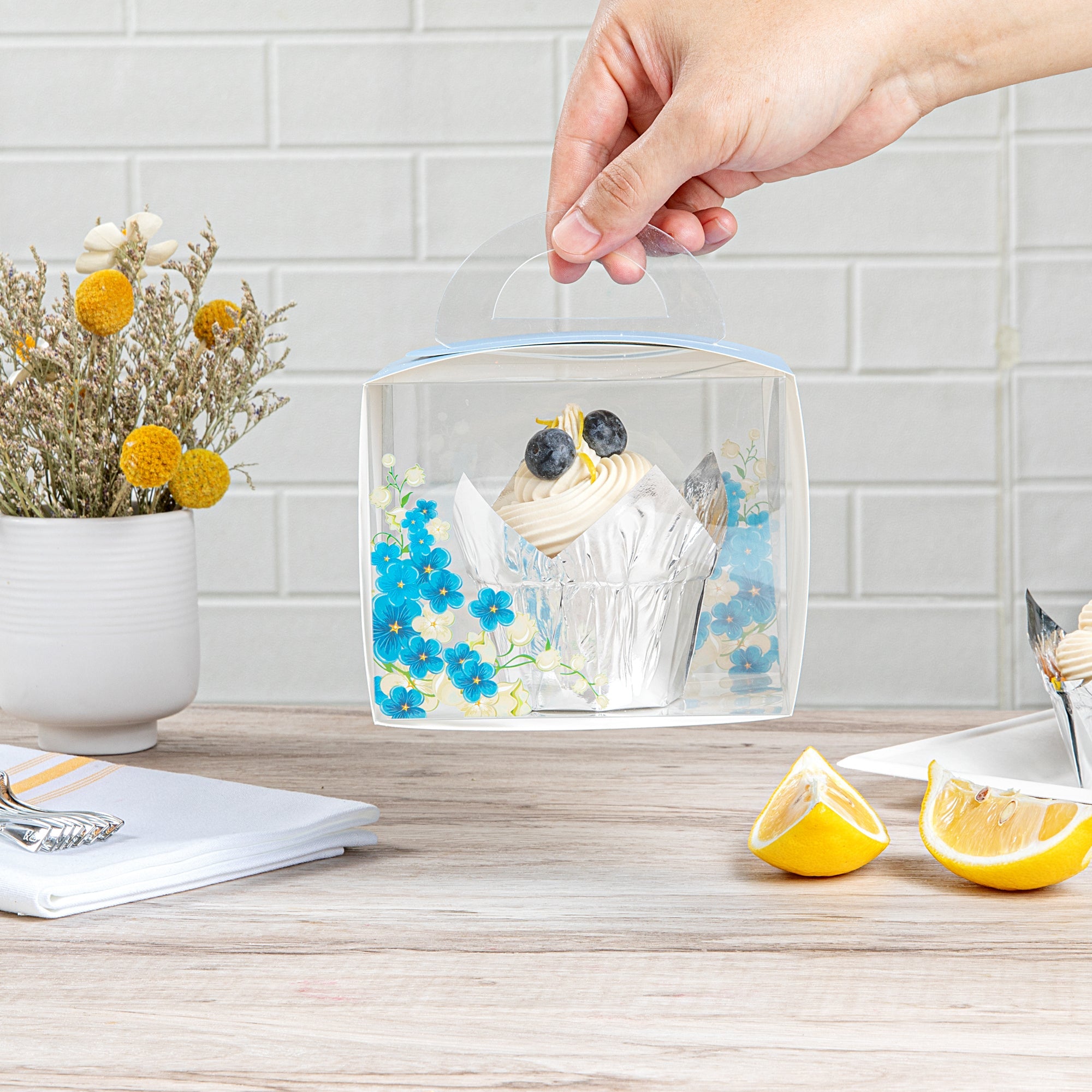 Sweet Vision Rectangle Clear Plastic Cupcake Box - with Handle, Blue Paper Wrap, Flower Accent - 5" x 3 1/4" x 4" - 100 count box