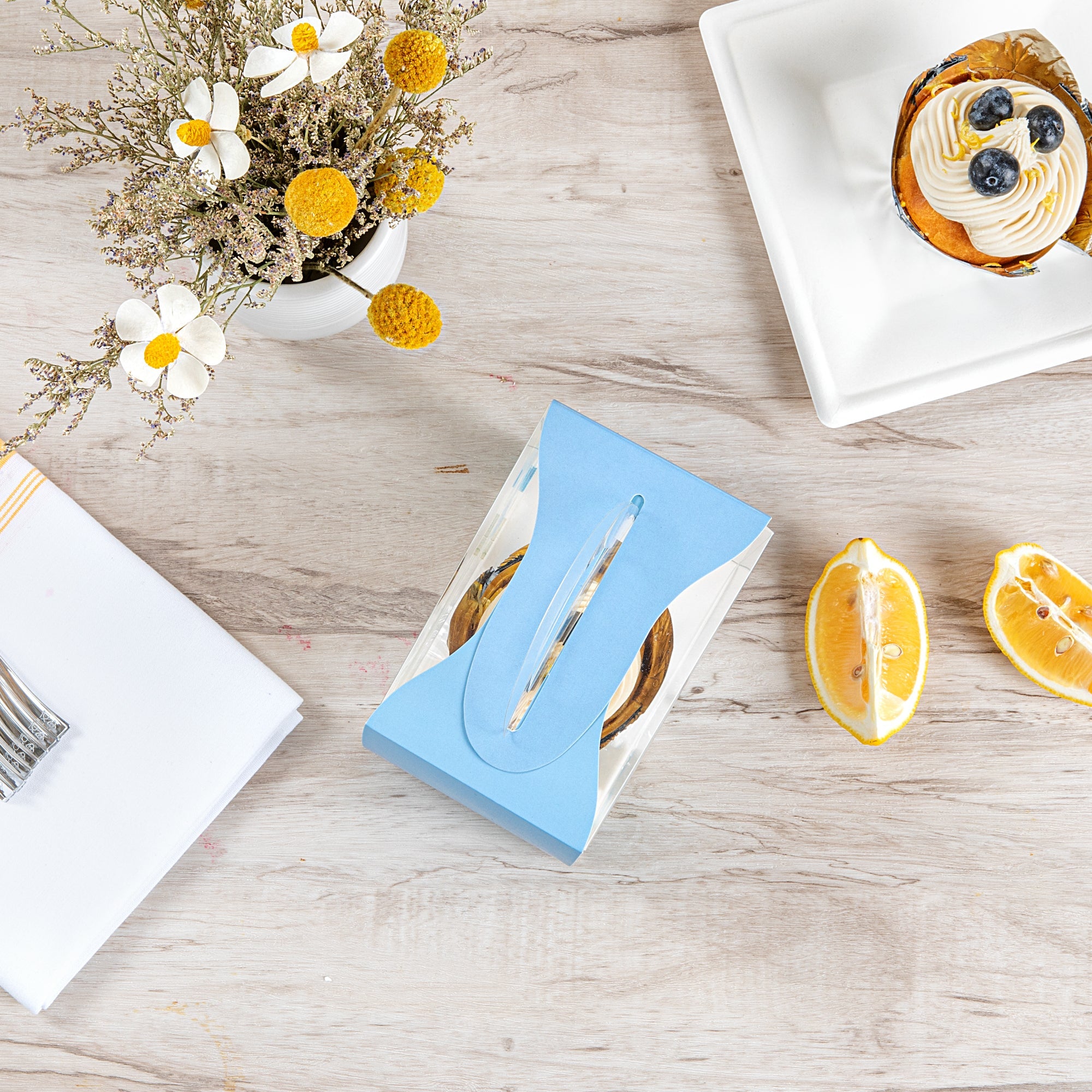 Sweet Vision Rectangle Clear Plastic Cupcake Box - with Handle, Blue Paper Wrap, Flower Accent - 5" x 3 1/4" x 4" - 100 count box