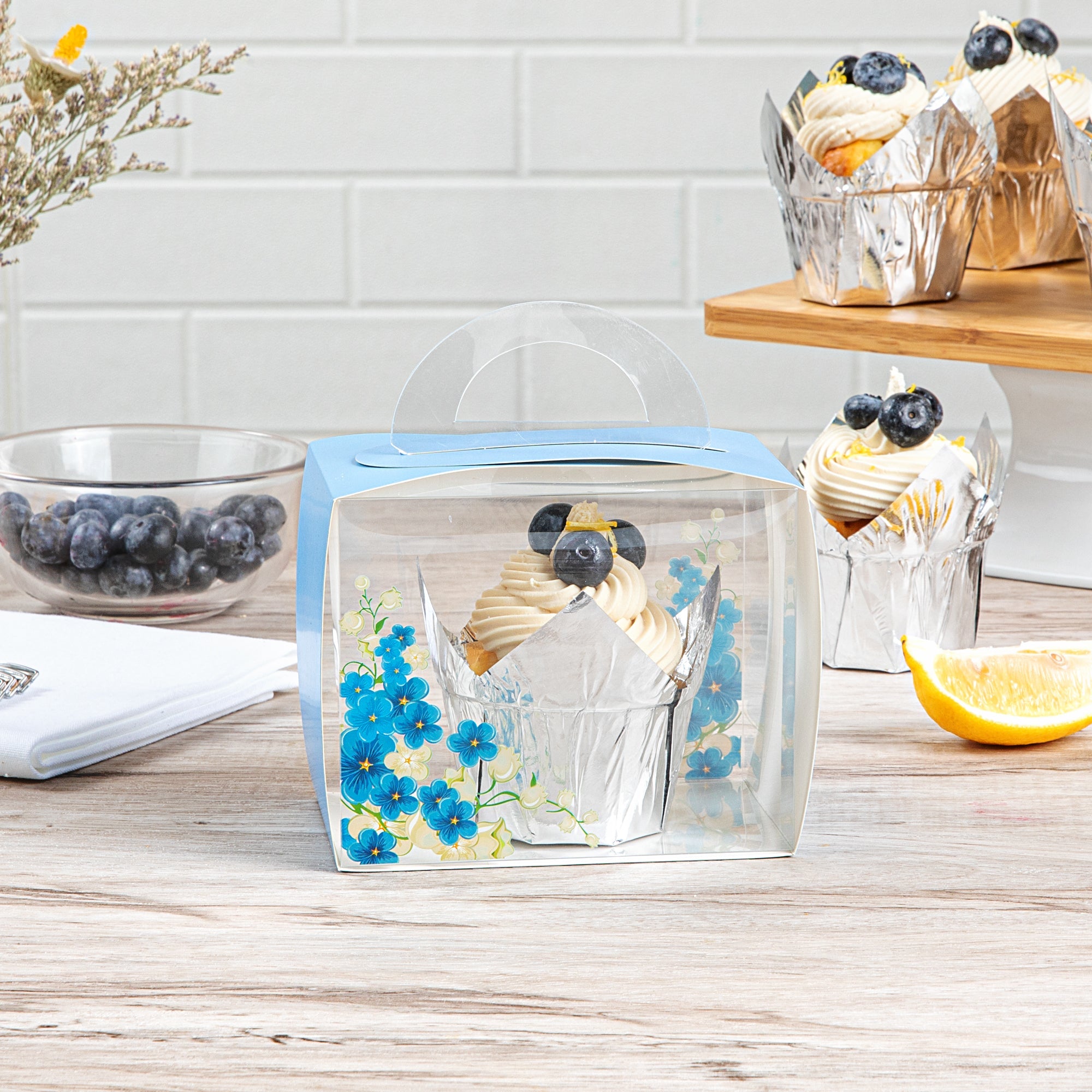 Sweet Vision Rectangle Clear Plastic Cupcake Box - with Handle, Blue Paper Wrap, Flower Accent - 5" x 3 1/4" x 4" - 100 count box