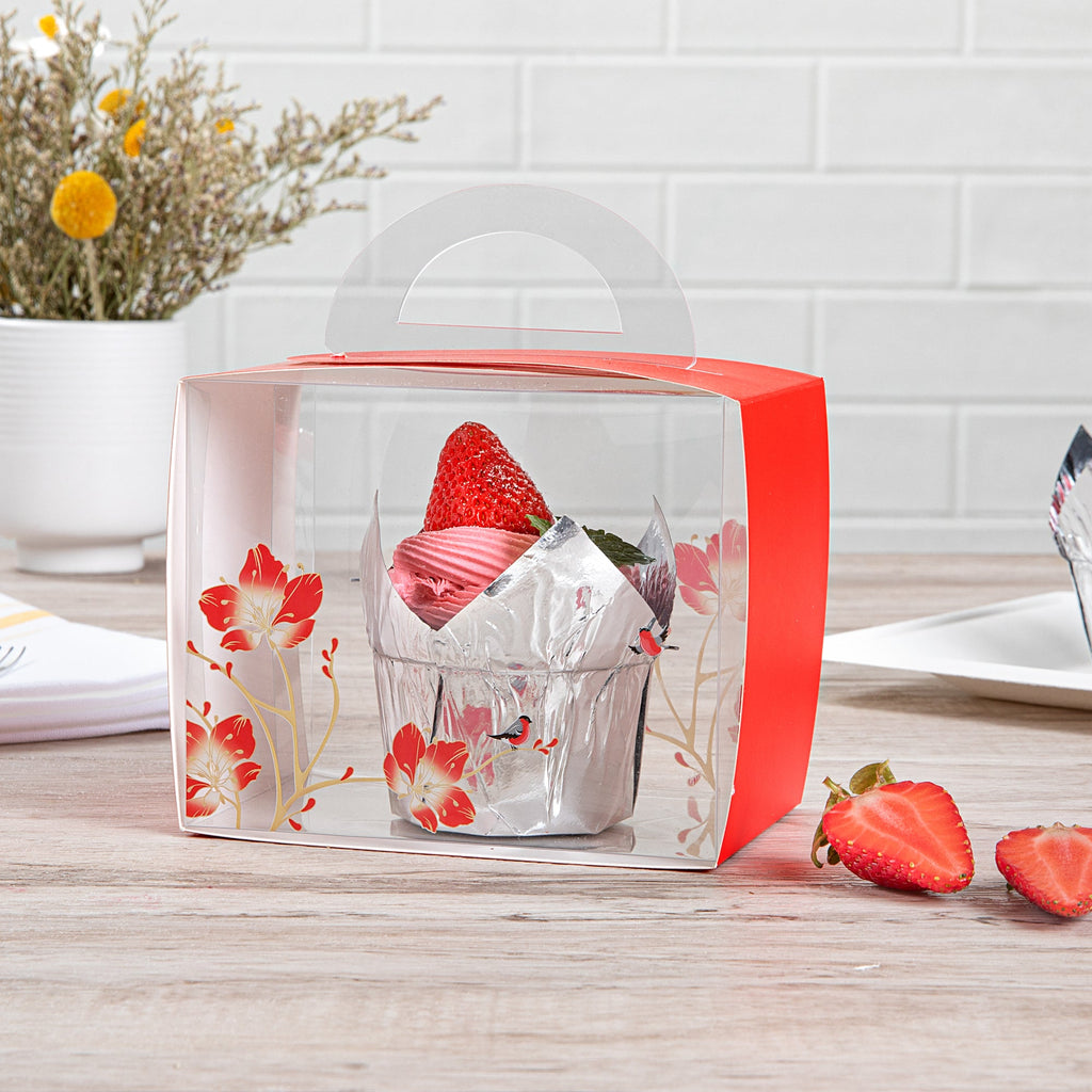 Sweet Vision Rectangle Clear Plastic Cupcake Box - with Handle, Red Paper Wrap, Flower / Bird Accent - 5" x 3 1/4" x 4" - 100 count box