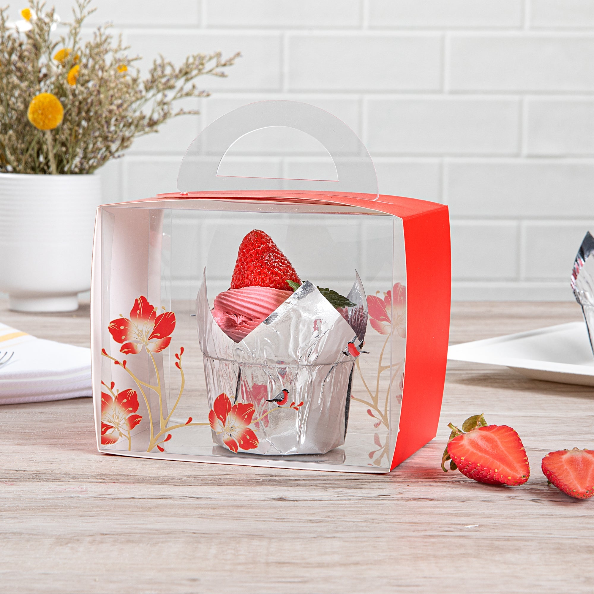 Sweet Vision Rectangle Clear Plastic Cupcake Box - with Handle, Red Paper Wrap, Flower / Bird Accent - 5" x 3 1/4" x 4" - 100 count box