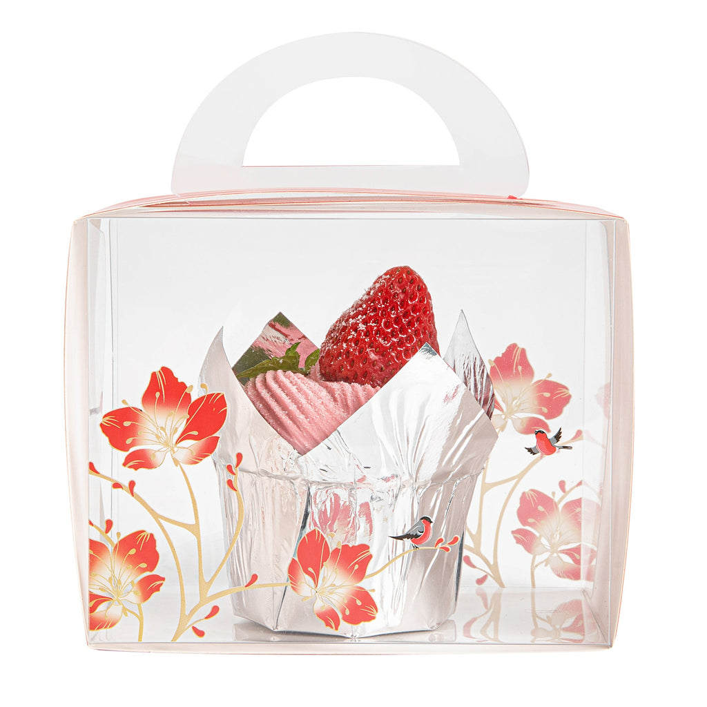 Sweet Vision Rectangle Clear Plastic Cupcake Box - with Handle, Red Paper Wrap, Flower / Bird Accent - 5" x 3 1/4" x 4" - 100 count box