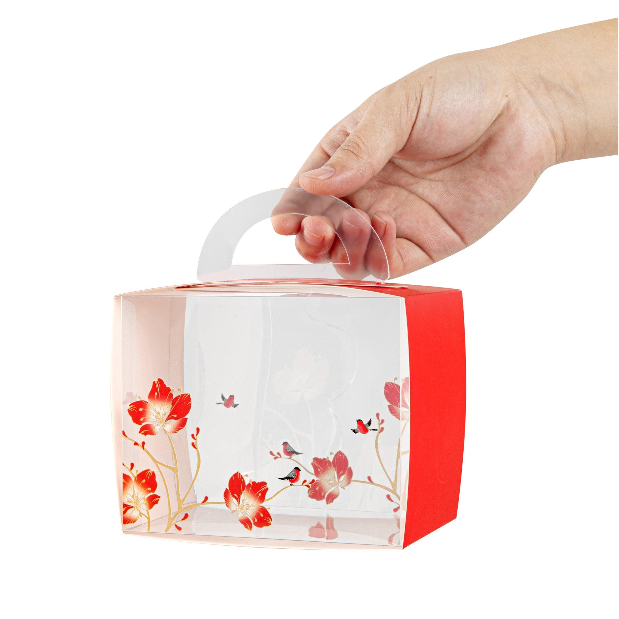 Sweet Vision Rectangle Clear Plastic Cupcake Box - with Handle, Red Paper Wrap, Flower / Bird Accent - 5" x 3 1/4" x 4" - 100 count box