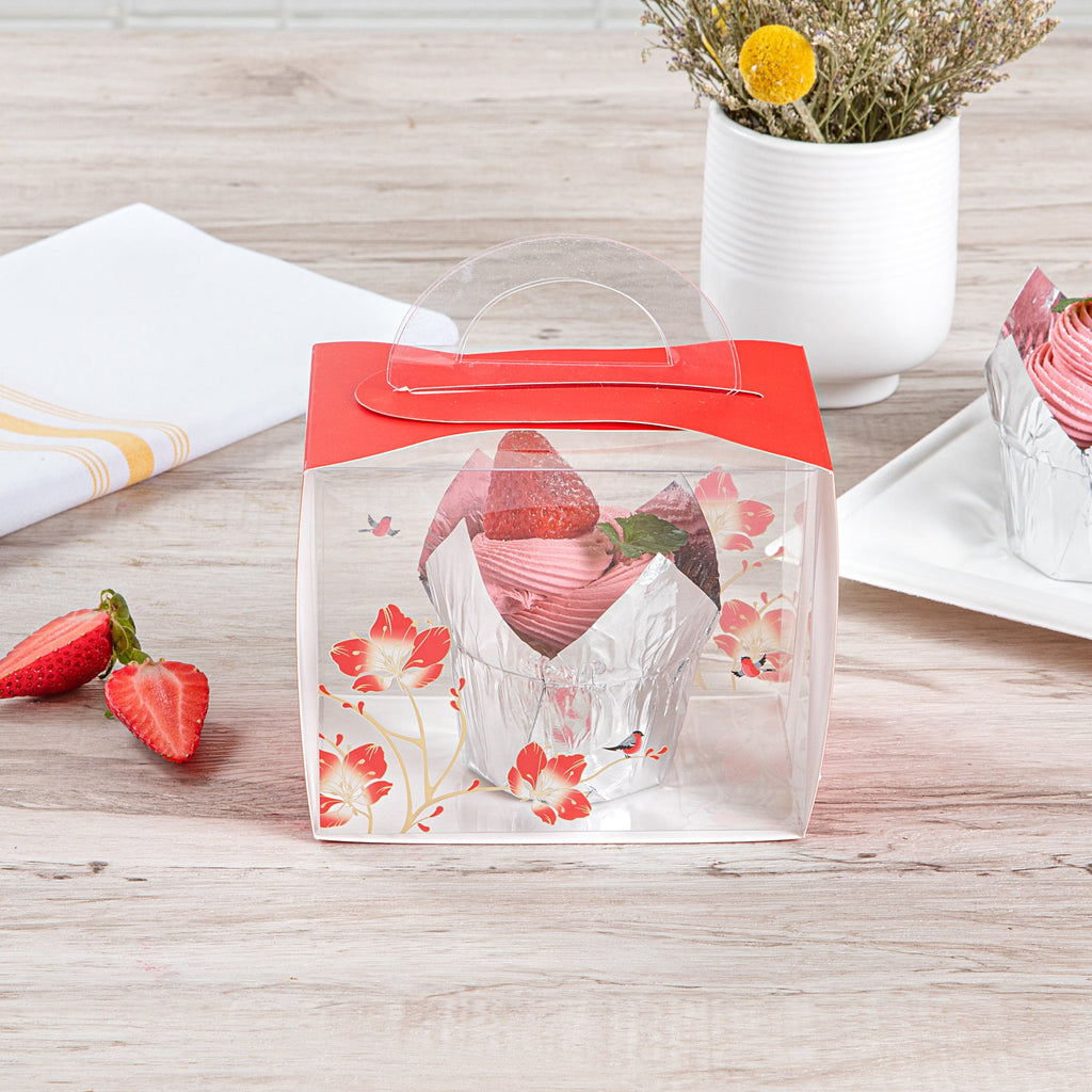 Sweet Vision Rectangle Clear Plastic Cupcake Box - with Handle, Red Paper Wrap, Flower / Bird Accent - 5" x 3 1/4" x 4" - 100 count box
