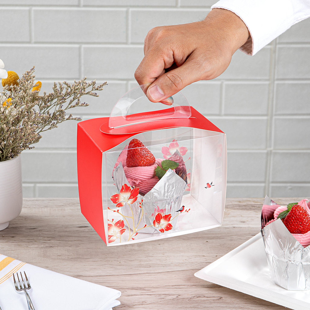 Sweet Vision Rectangle Clear Plastic Cupcake Box - with Handle, Red Paper Wrap, Flower / Bird Accent - 5" x 3 1/4" x 4" - 100 count box