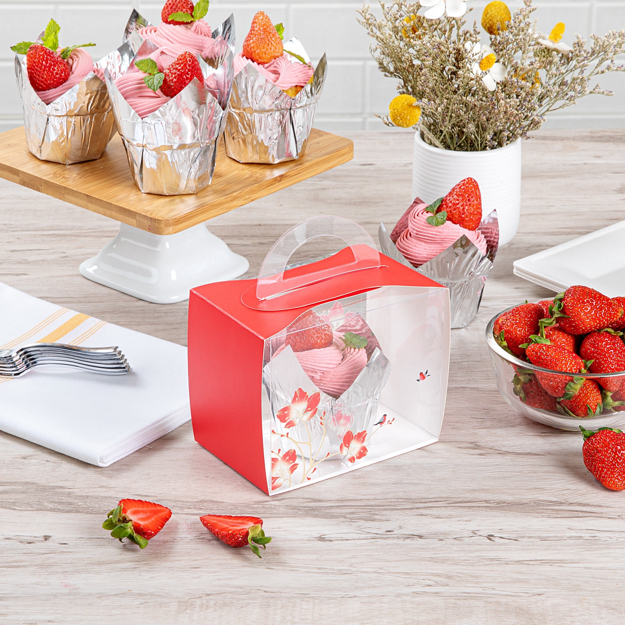 Sweet Vision Rectangle Clear Plastic Cupcake Box - with Handle, Red Paper Wrap, Flower / Bird Accent - 5" x 3 1/4" x 4" - 100 count box