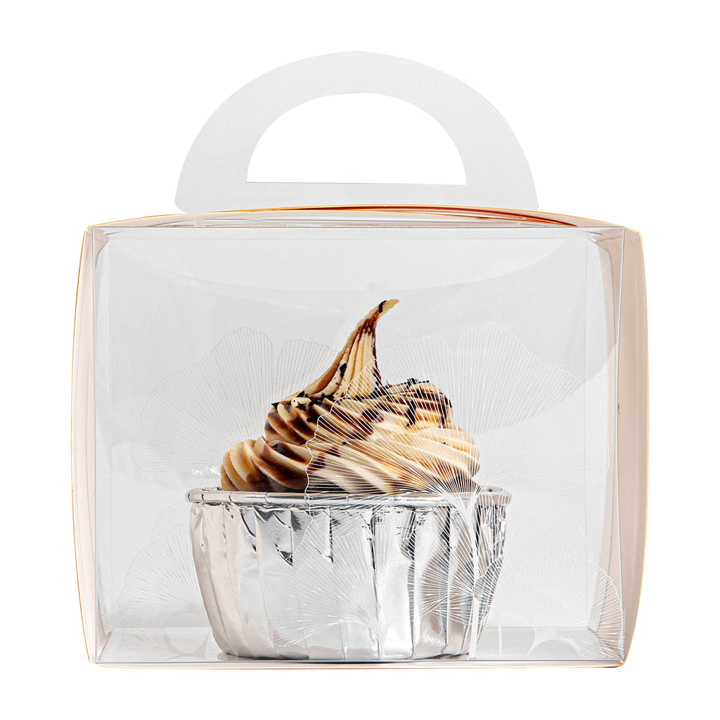Sweet Vision Rectangle Clear Plastic Cupcake Box - with Handle, Orange Paper Wrap, Leaf Accent - 5" x 3 1/4" x 4" - 100 count box