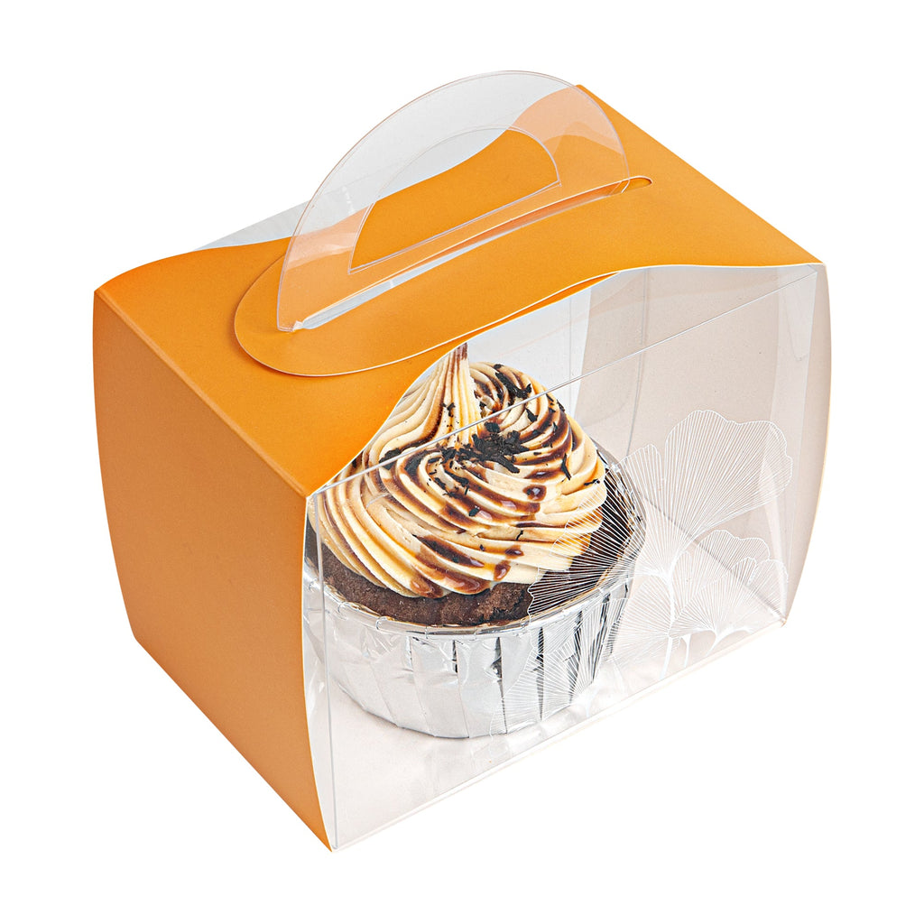 Sweet Vision Rectangle Clear Plastic Cupcake Box - with Handle, Orange Paper Wrap, Leaf Accent - 5" x 3 1/4" x 4" - 100 count box