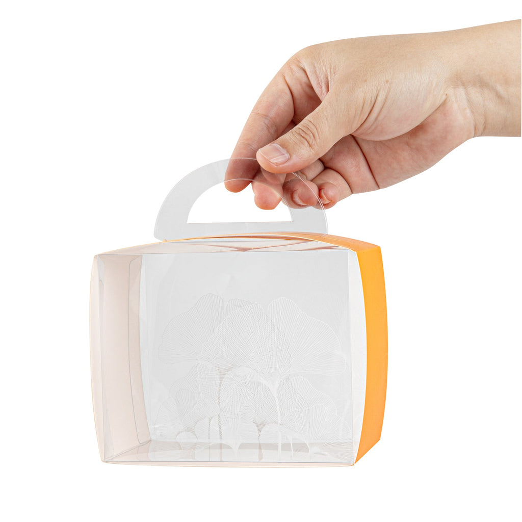Sweet Vision Rectangle Clear Plastic Cupcake Box - with Handle, Orange Paper Wrap, Leaf Accent - 5" x 3 1/4" x 4" - 100 count box