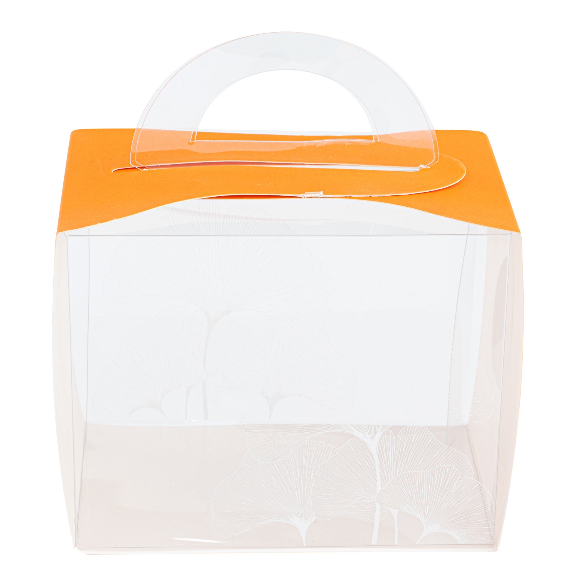 Sweet Vision Rectangle Clear Plastic Cupcake Box - with Handle, Orange Paper Wrap, Leaf Accent - 5" x 3 1/4" x 4" - 100 count box