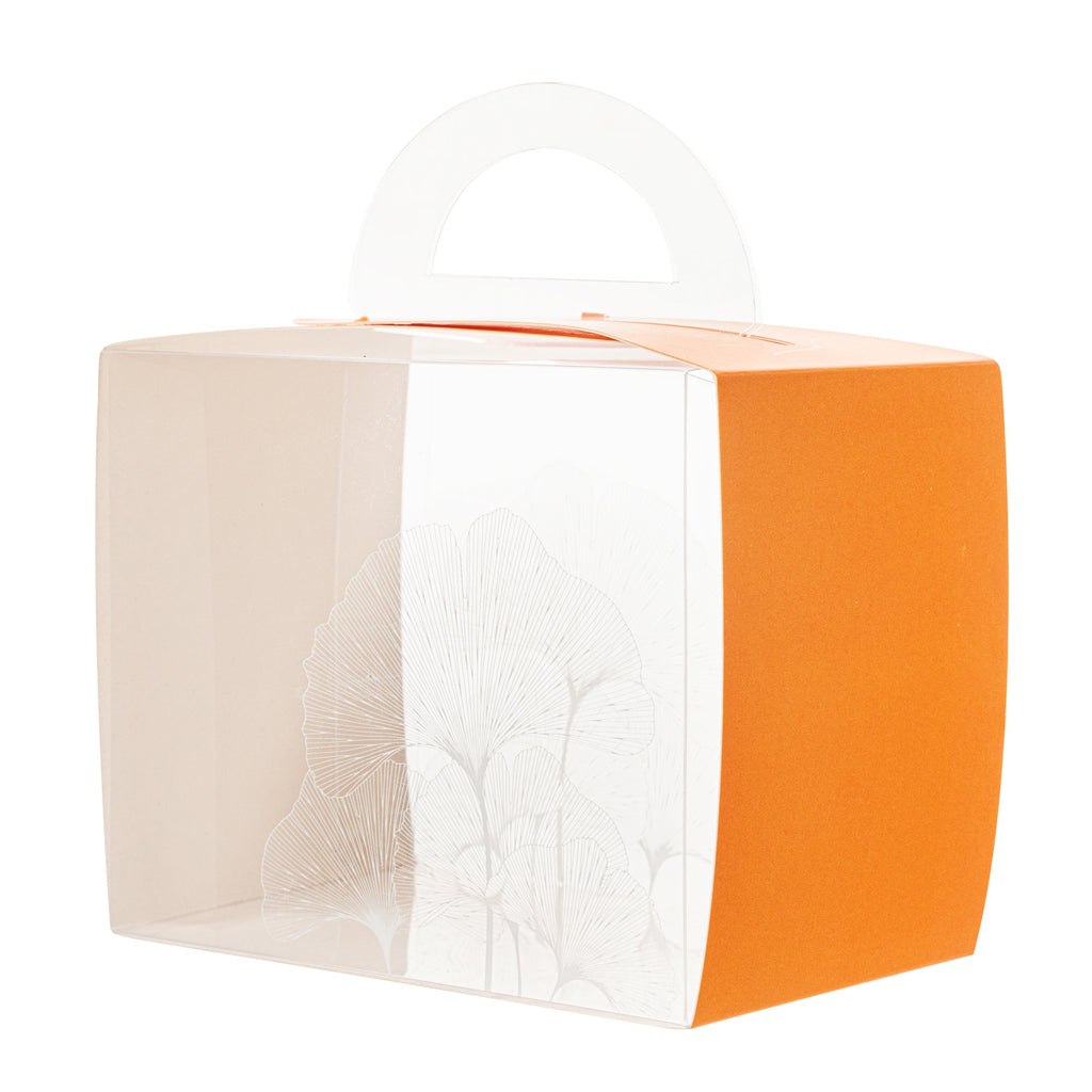 Sweet Vision Rectangle Clear Plastic Cupcake Box - with Handle, Orange Paper Wrap, Leaf Accent - 5" x 3 1/4" x 4" - 100 count box