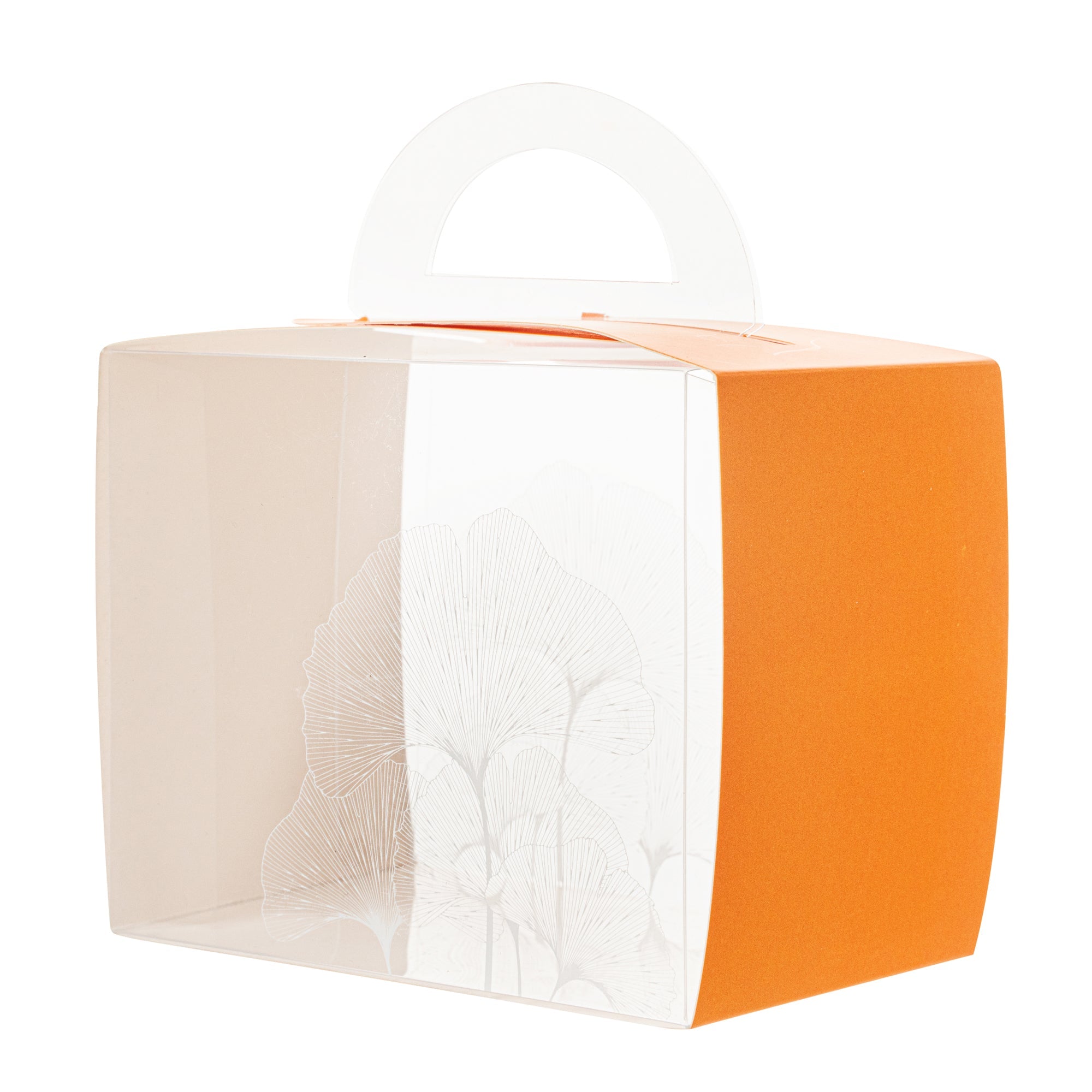 Sweet Vision Rectangle Clear Plastic Cupcake Box - with Handle, Orange Paper Wrap, Leaf Accent - 5" x 3 1/4" x 4" - 100 count box