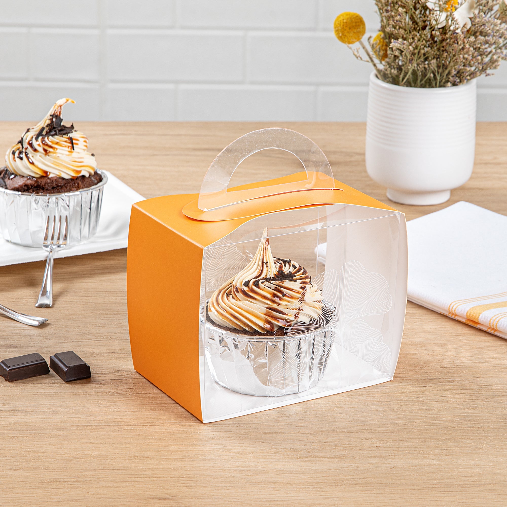 Sweet Vision Rectangle Clear Plastic Cupcake Box - with Handle, Orange Paper Wrap, Leaf Accent - 5" x 3 1/4" x 4" - 100 count box